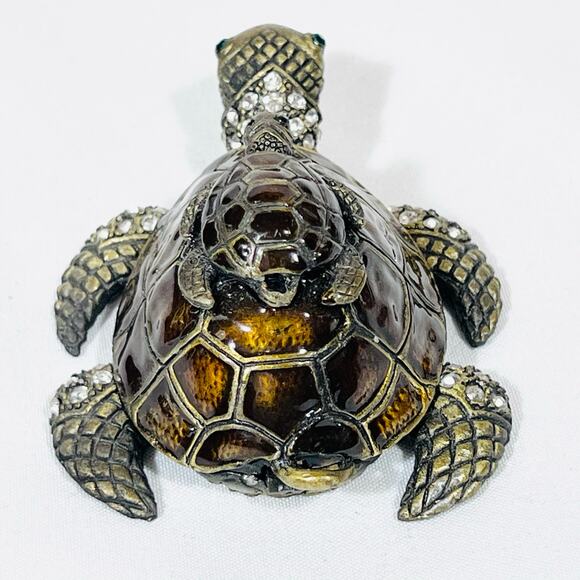 Turtle with Baby Turtle Shaped Ceramic Hinged Trinket Box Porcelain Crystals - Picture 4 of 10